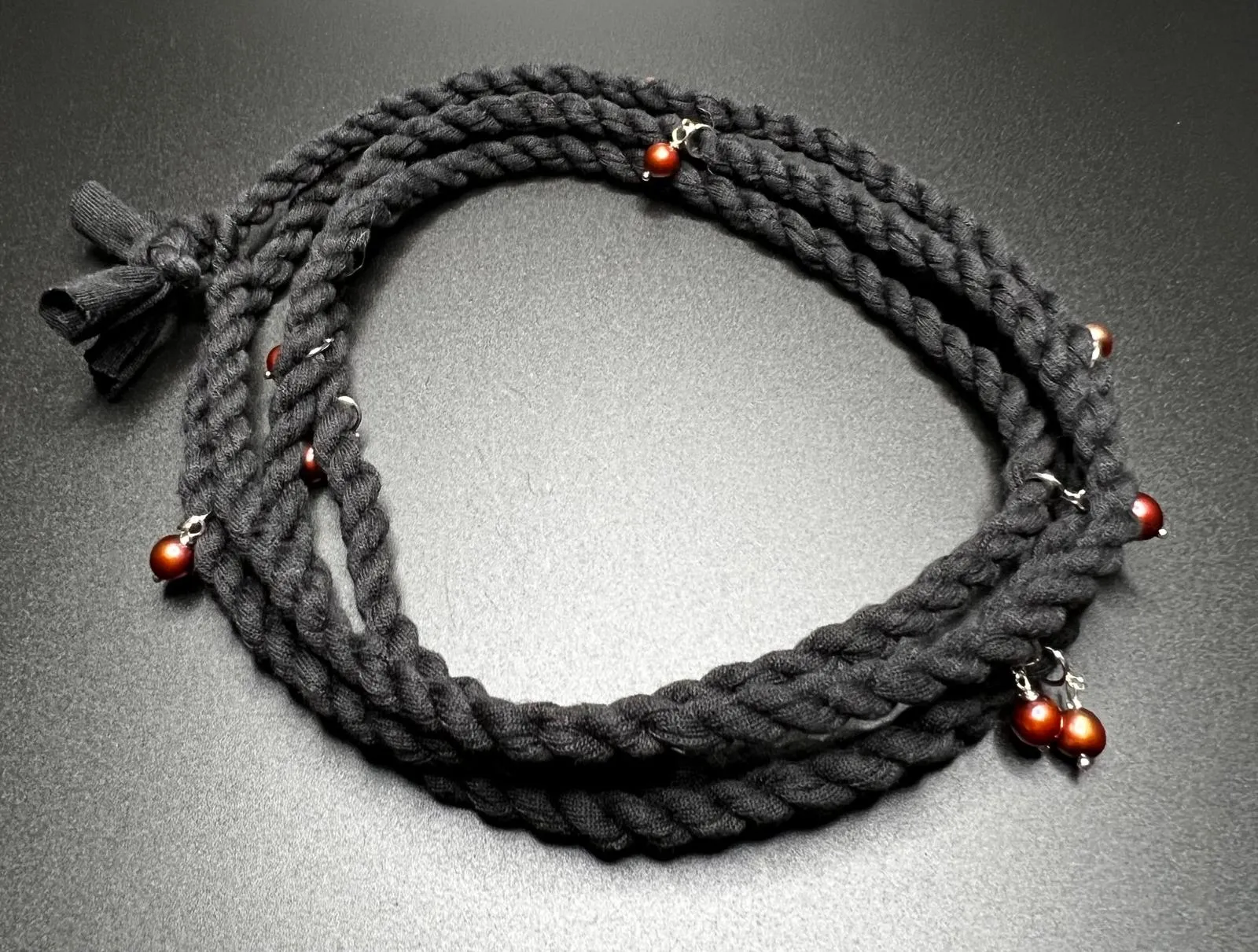 Wine Pearl, Sterling Silver, Black Cordage Necklace