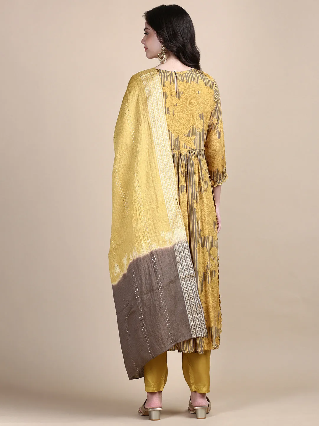 Women Floral Mustard Straight Kurta Set with Dupatta